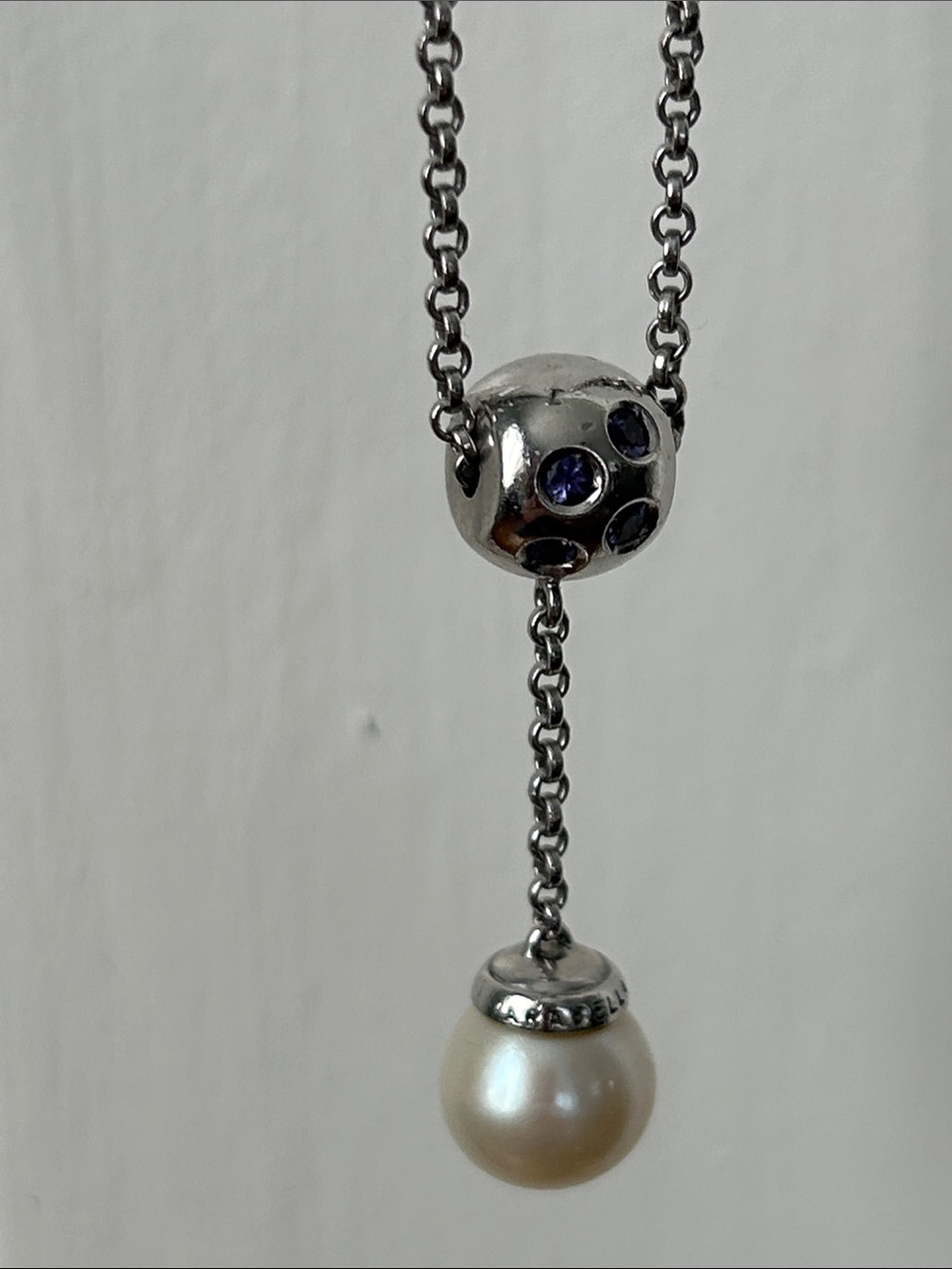 Sterling Silver Pearl Drop Necklace with Tanzanite Accents